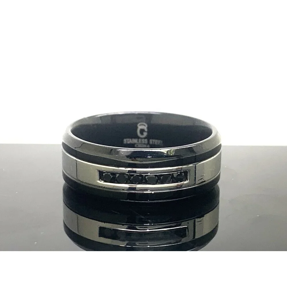 Men's Wedding Band Stainless Steel Black Gemstones 8.8mm Wide Ring Size 11.5